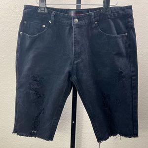 #47 Men’s Black Ripped Denim Distressed Shorts Frayed Faded Wash Knee Patch Slim